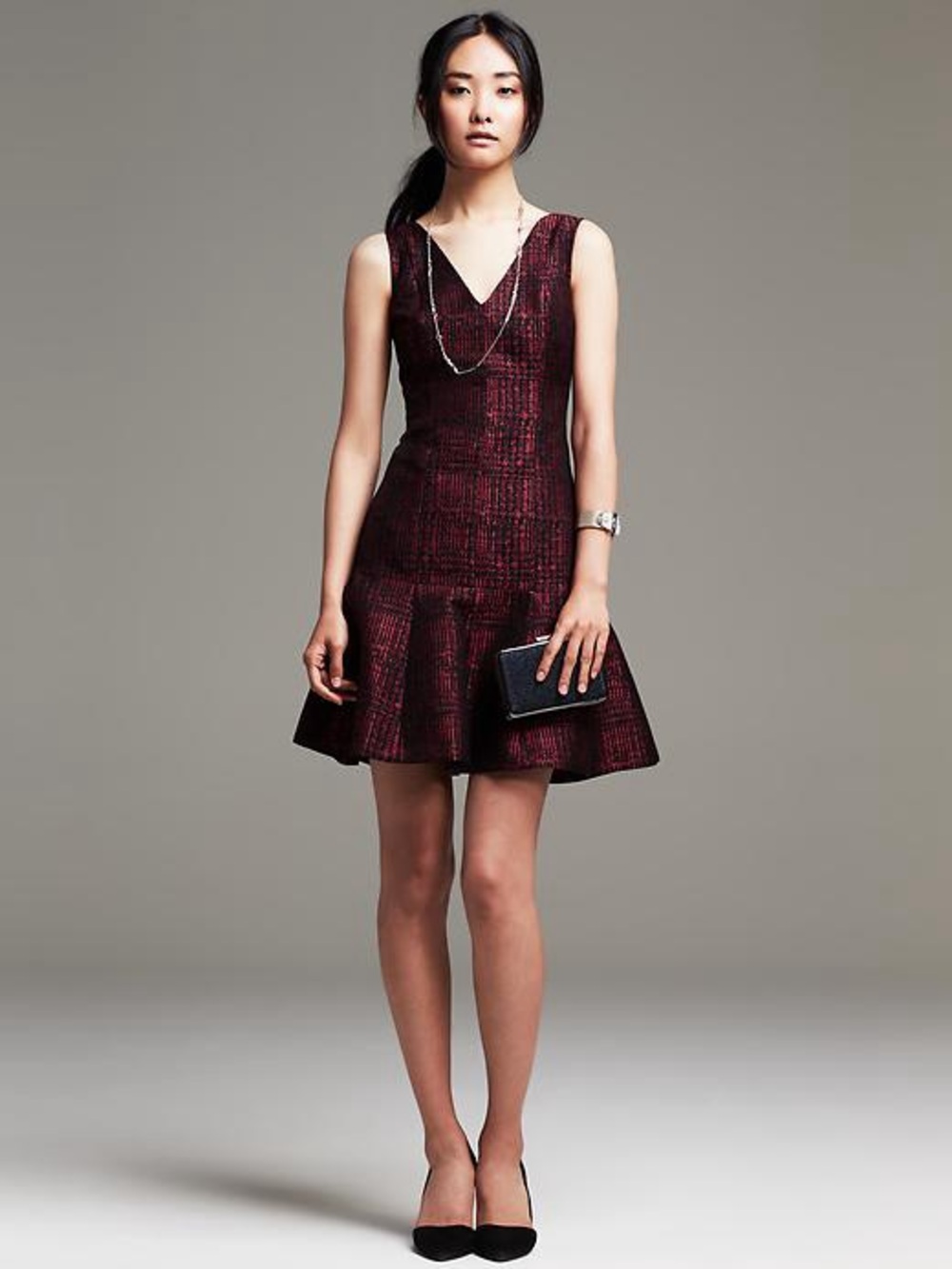 Banana Republic Red and Black Tweed Midi Dress